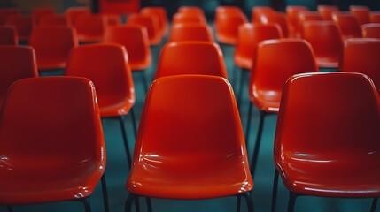 Obraz premium Ranges of empty red chairs Closeup shot : Generative AI