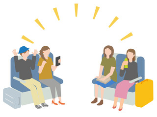 Fototapeta premium 電車での旅行を楽しむ女性のグループのイラスト