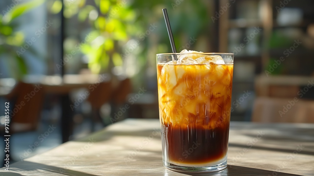 Aufkleber Iced coffee with pineapple juice in a glass with a straw on the table  on the summer terrace Espresso pineapple juice and syrup in layers : Generative AI