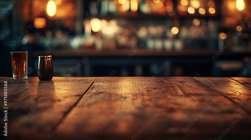Poster blurred background of bar and dark brown desk space of retro wood : Generative AI