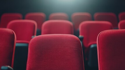 Fototapeta premium The rows of empty red seats in a movie theater showcase a still moment before the audience arrives for a film
