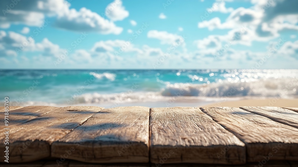 Poster blurred summer beach scene behind a wooden table ideal for placing summer advertising products and c