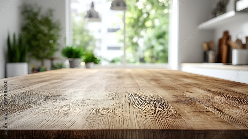 Poster empty beautiful wood table top counter and blur bokeh modern kitchen interior background in clean an