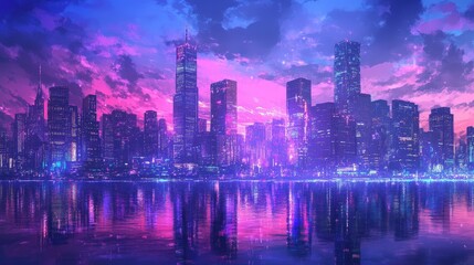 A vibrant cityscape at dusk, with colorful lights reflecting off the water and towering skyscrapers against a twilight sky.