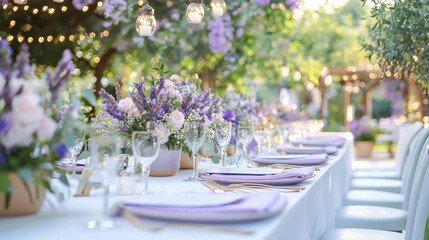 Fototapeta premium Elegant Lavender Wedding Table Setting with String Lights and Flowers
