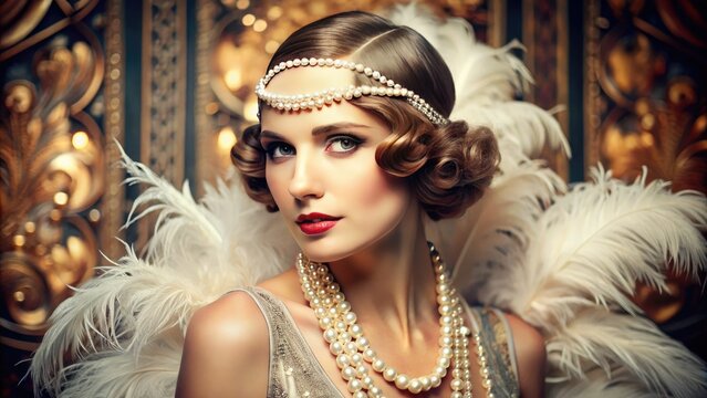 Elegant flapper girl with bobbed hair and beaded necklace poses in luxurious Art Deco setting, surrounded by feathers, pearls, and ornate fixtures.
