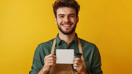 Portrait of positive cheerful guy worker in coffee bar shop hold paper card cup offer to his client mug with hot cappuccino wear apron green shirt isolated over yellow color background : Generative AI