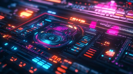 Obraz premium A vibrant, neon-lit holographic interface showcases advanced technology in a futuristic setting.