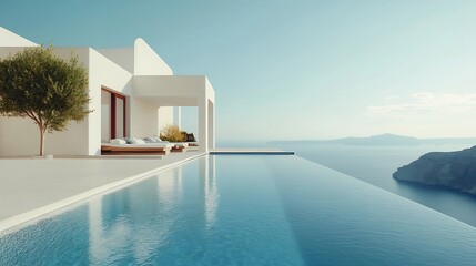 Fototapeta premium White architecture in Santorini island Greece Luxury swimming pool with sea view Travel and vacation concept : Generative AI