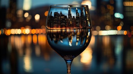 Urban Elegance: Manhattan Skyline Reflected in Othello Wine Glass