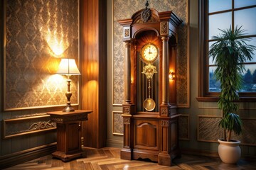 Elegant grandfather clock with intricately carved wooden cabinet and slow-moving pendulum swinging rhythmically, surrounded by ornate details and subtle lighting, evoking a sense of tradition.