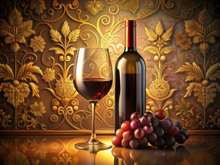Elegant illustration of a wine glass and bottle adorned with vines and grapes, surrounded by ornate patterns and soft, warm lighting, evoking sophistication and refinement.