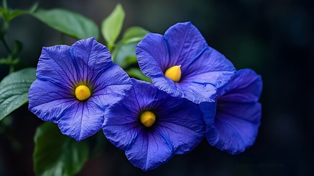 Lycianthes rantonnetii trumpet shaped bright blue purple flower with yellow eye Solanum rantonnetii or Paraguay nightshade flowering plant Blue potato bush : Generative AI