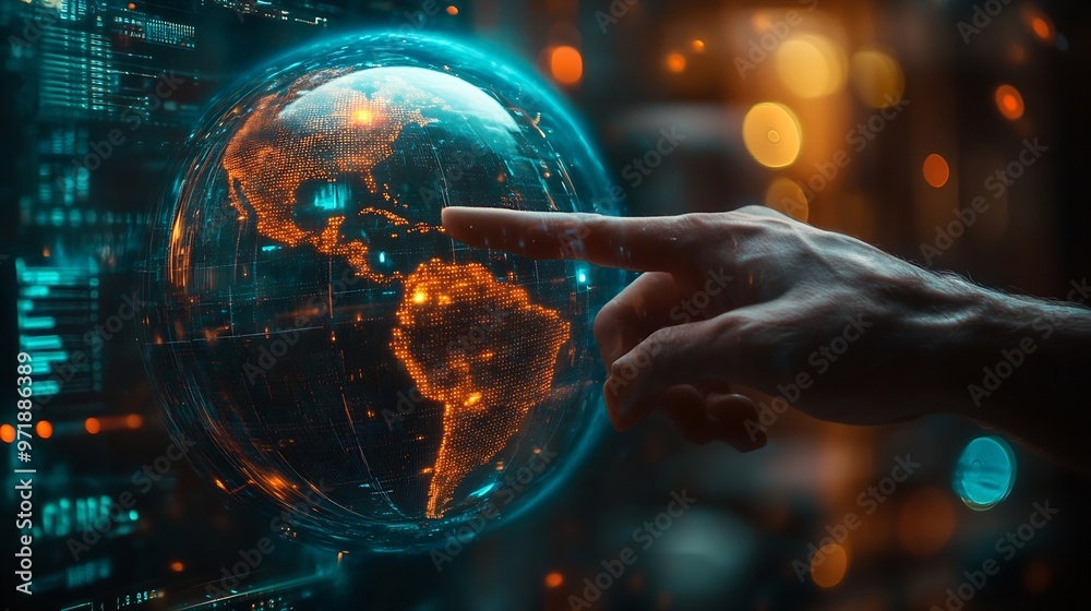 Poster hand shows the globe concept of global internet connection big data digital link technology and business digital marketing internet banking Financial business tech international market : Generative AI