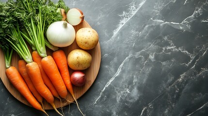 Fresh vegetables for a healthy diet Carrot leek onion and potato on the marble kitchen countertop on wooden board ready to use as cooking ingredients : Generative AI