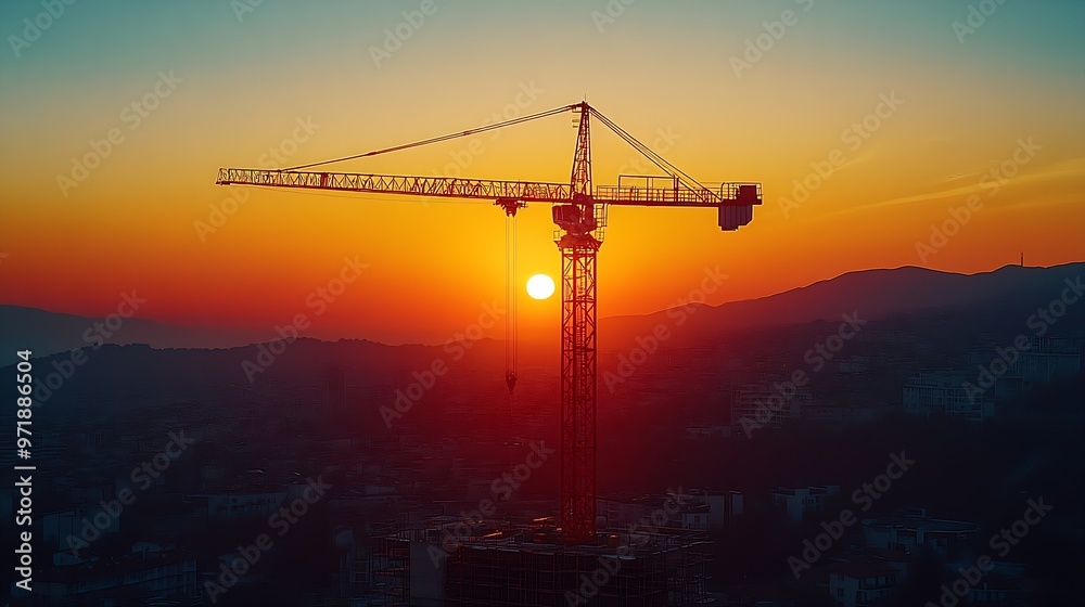 Poster silhouette of construction with crane and sunset sky for preparation new year of 2024 : generative a