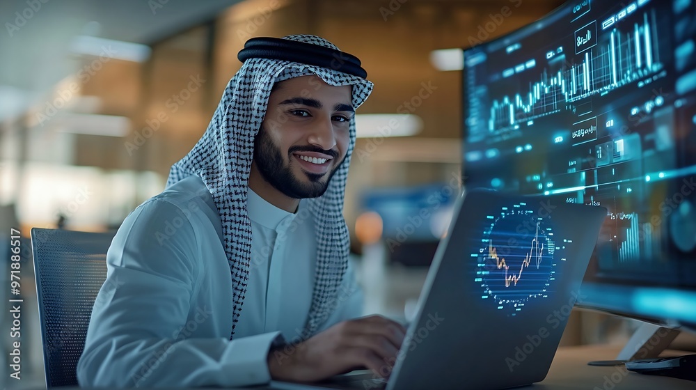 Poster smiling young professional arab manager working on a laptop in a modern office environment with futu