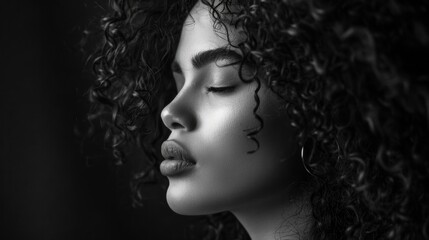 Fototapeta premium Serene portrait of a woman with curly hair in black and white generative ai
