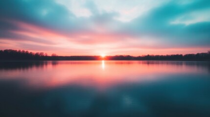Fototapeta premium As the sun sets, the sky transforms with shades of pink and blue, mirrored perfectly in the calm waters of the lake