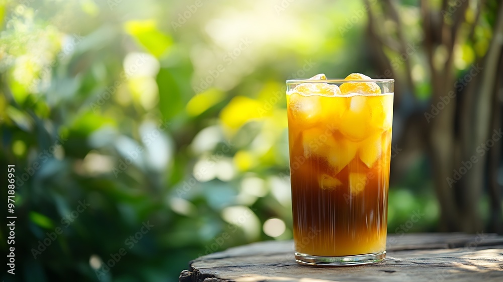 Poster iced coffee with orange juice in a glass a refreshing bumble coffee on a hot summer day outside espr