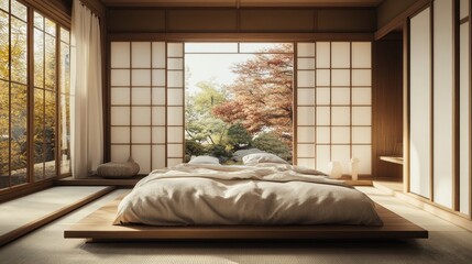Obraz premium Japanese Bedroom Interior Design with Sliding Doors and Window Views