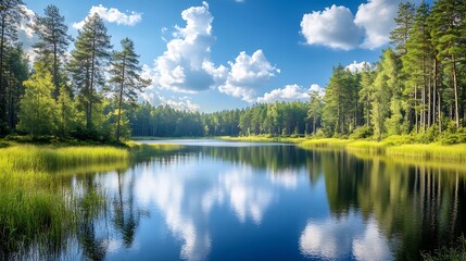 Fototapeta premium Summer landscape in forest with beautiful lake Amazing lake landscape Colorful nature scenery created by beautiful seasons lake in the forest European nature landscape : Generative AI
