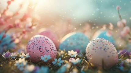Brightly decorated Easter eggs rest gently in a vibrant spring meadow filled with blooming flowers