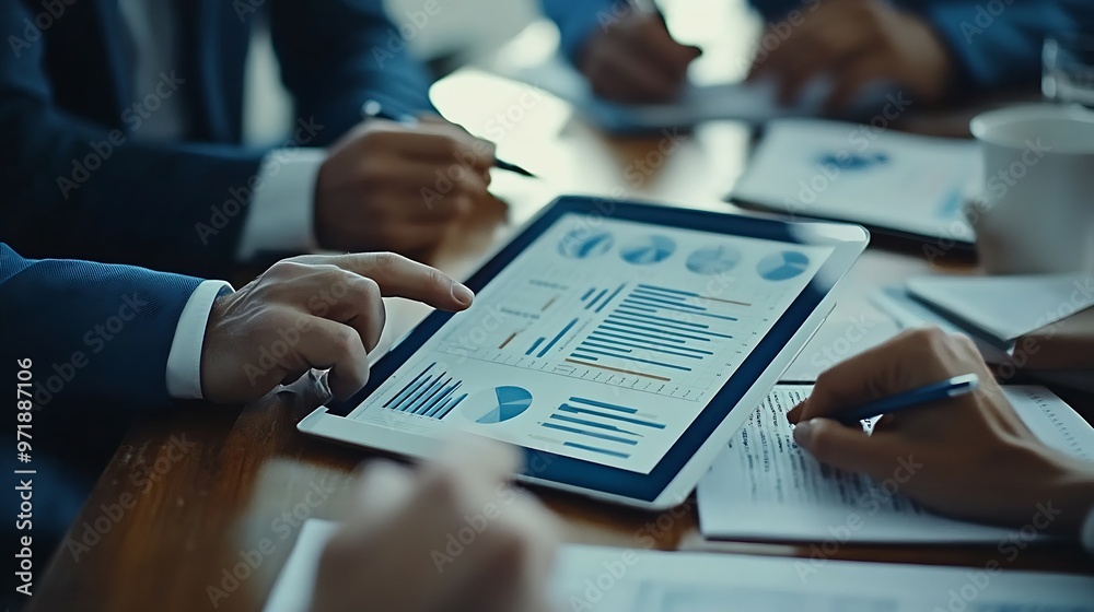 Poster Top view of smart manager looking at financial statistic on tablet at meeting room Group of diverse business people working together to analyze investment data on table with notebook D : Generative AI