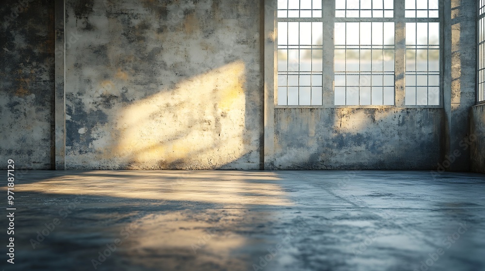 Poster empty warehouse room with grungy stucco concrete wall floor room as background corner of old grunge 