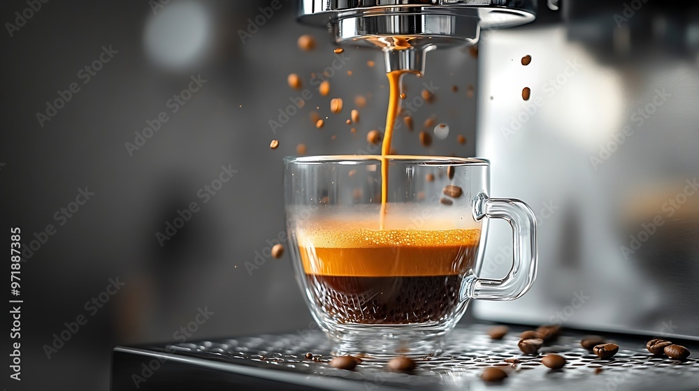 Poster process of making coffee by coffee machine into glass transparent cup espresso coffee coming out fro