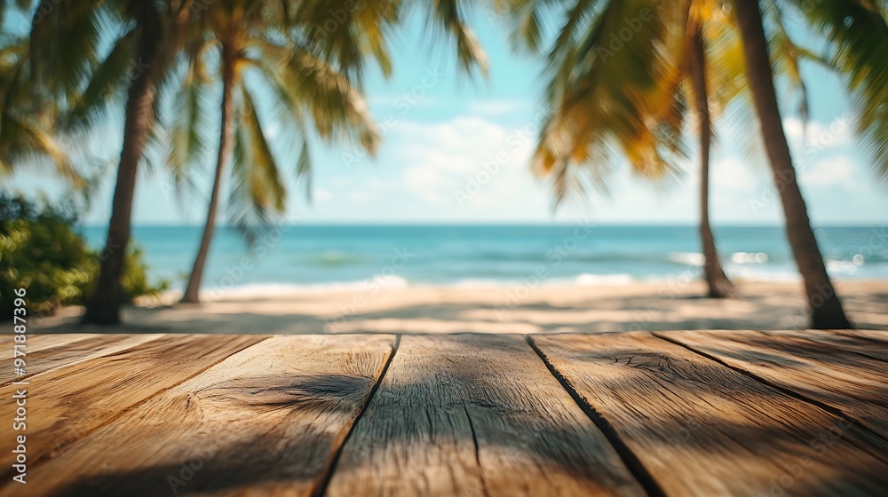 Aufkleber Empty wooden table with blurred beach with coconut trees in the background : Generative AI