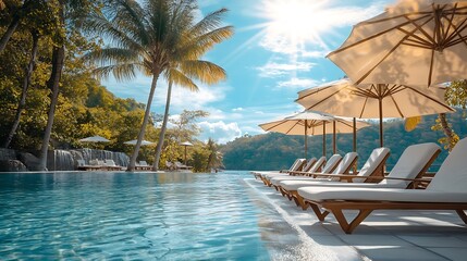 Happy tourism holiday landscape Luxury beach resort hotel swimming pool leisure beach chairs under umbrellas palm trees blue sunny sky Summer island seaside relax mood travel vacation  : Generative AI