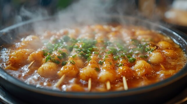 Closeup of Eomugfish cake with skewers on soup with vapor in the pot for sale South Korea : Generative AI
