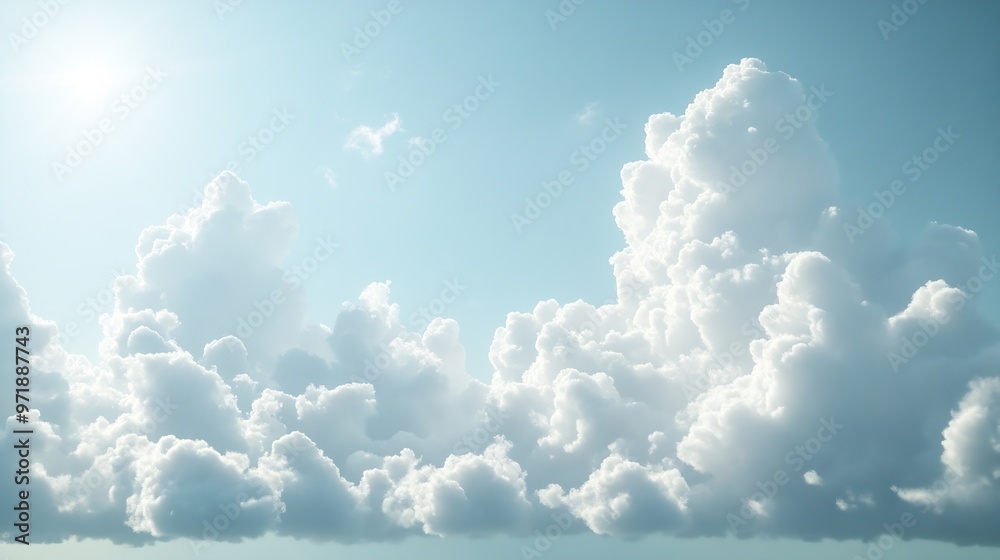 Poster white and grey cumulus clouds floating in sunny sky after storm with natural sunlight dramatic cloud