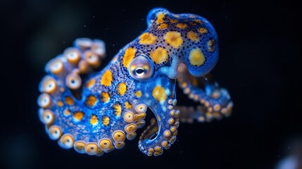 A blue ring octopus against a black background in Lembeh Strait Indonesia : Generative AI