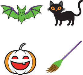 Halloween scary cat, black jack-o-lantern, witch broom, scary colorful spider icon set