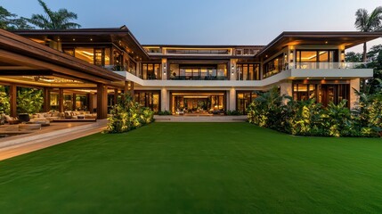 Obraz premium Modern Luxury Villa with Tropical Garden and Evening Lighting