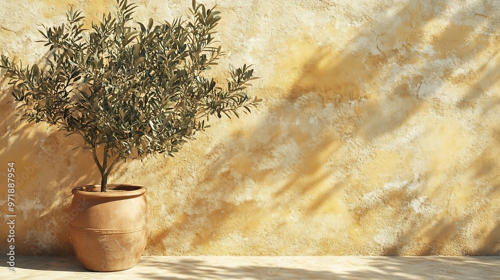 Poster olive tree shadow on beige rustic wall with clay pot summer mediterranean traditional home architect