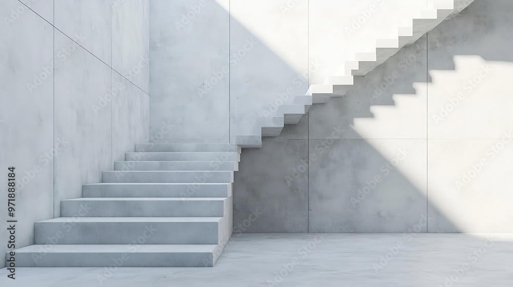 Leinwandbilder empty white concrete stairway with a handrail are near the wall abstract architecture background : g