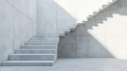 Obraz premium Empty white concrete stairway with a handrail are near the wall abstract architecture background : Generative AI
