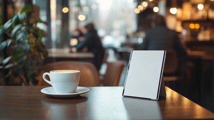 businessman using mobile tablet with hot coffee cup on desk sitting with paper sign on seat and keep distance to protect infection coronavirus covid19 in cafe restaurant social distanc : Generative AI