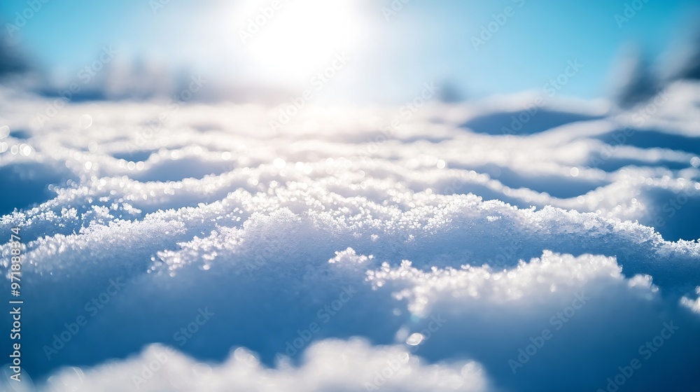 Aufkleber white snow in sun light on light blue frosty sky bright winter backdrop background with empty snowy 