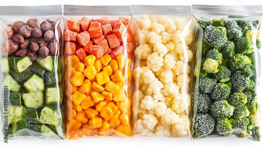 Poster mix of different frozen vegetables in zip bag isolated on white : generative ai