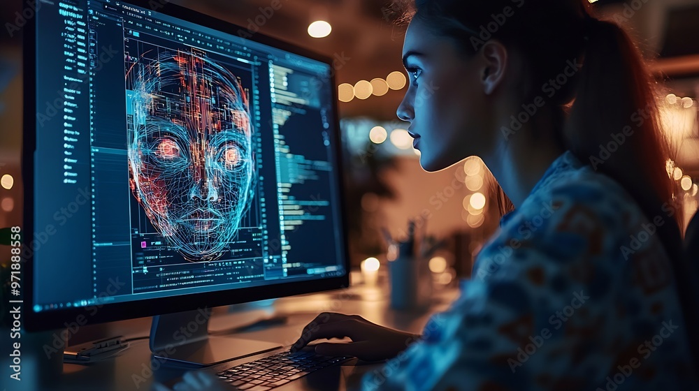 Poster AI image generator app Person creating photo art with Artificial Intelligence software in computer laptop Technology trends : Generative AI