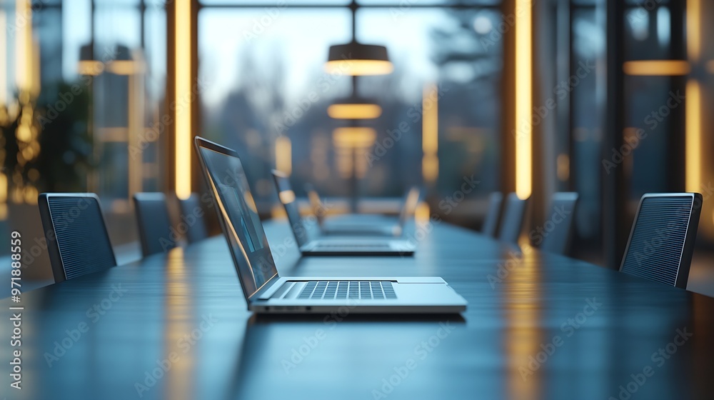 Poster Empty conference room with laptops on table : Generative AI