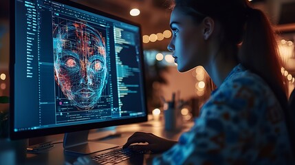 AI image generator app Person creating photo art with Artificial Intelligence software in computer laptop Technology trends : Generative AI