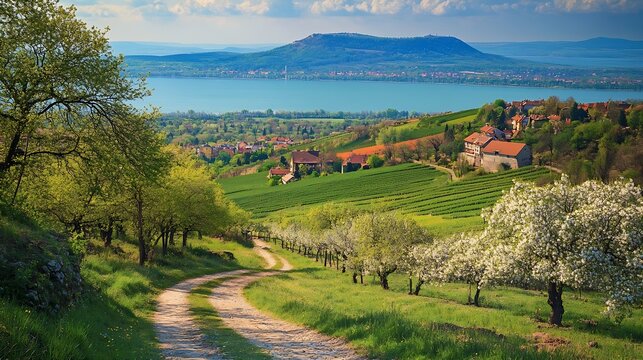 Badacsony Hill and Gulcs Hill in the spring Badacsony wine region with the Lake Balaton in the background from Tti Hill : Generative AI