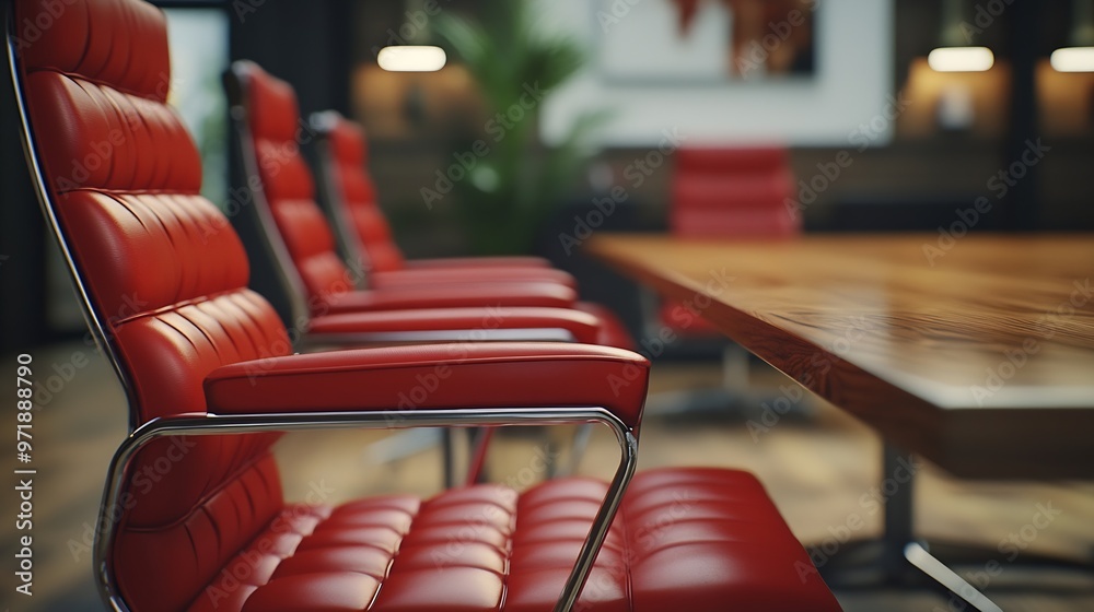 Aufkleber stylish red office chairs and large wooden table in empty conference room : generative ai