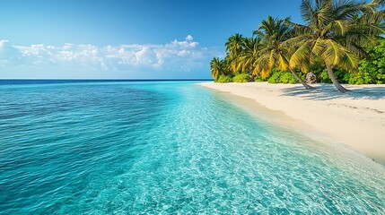 Maldives tropical islands panoramic scene with idyllic beach and palm tree vegetation clear water of the Indian ocean sea holiday vacation in tourist resort : Generative AI