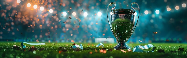 The champion cup stands proudly on a green field at a football stadium.